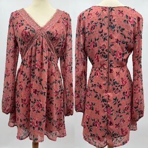 Xhilaration Floral Pink Lace Swiss Dot Babydoll Tunic Mini Dress M Boho Peasant